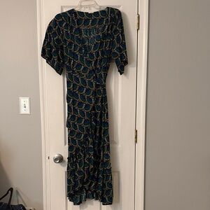 Silk & Salt Blue Green Gold Wrap Dress Size Small